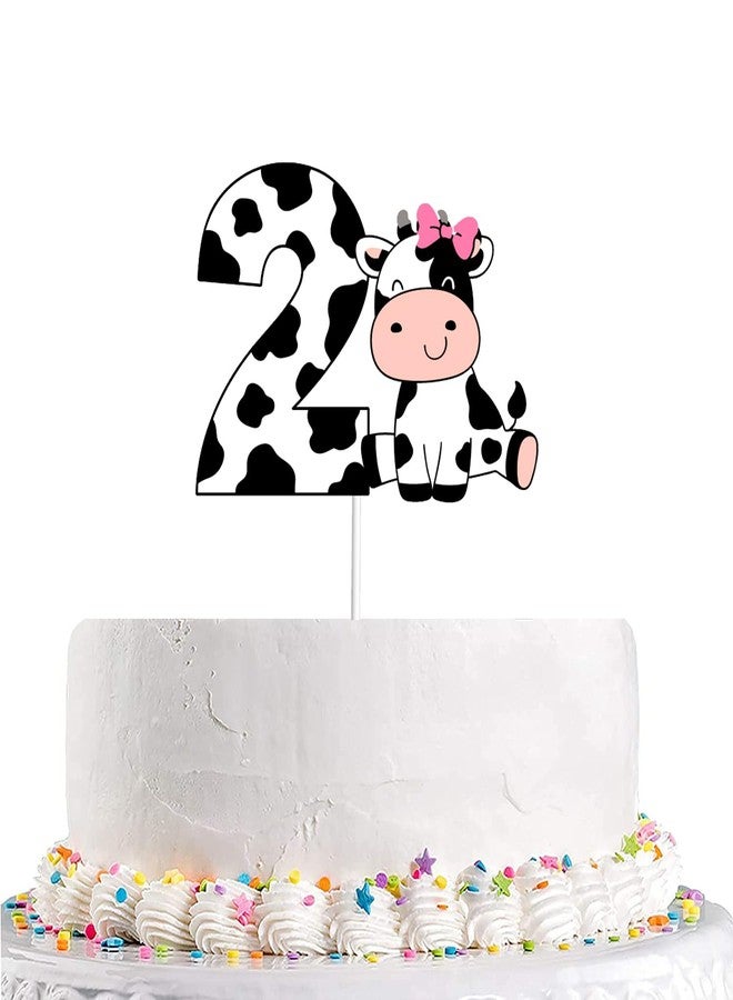 Yuezoloz Farm Theme 2nd Birthday Cake Topper for Girls,Pretty Dairy Cow with Pink Bow & Number 2, Food Safe Cardstock Decor for 2 Year Old Girl’s Cake Celebration (6.6"x4.8")(2nd Girls) - Image 1